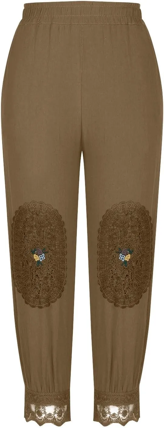 Plus Size Lace Pants Womens Linen Lightweight Pants Track Joggers Pants Baggy Harem Pants Flower Printting Pants