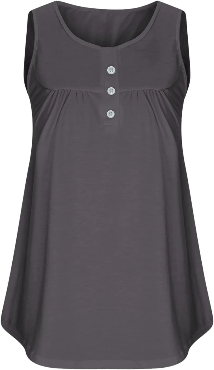 Plus Size Tank Tops for Women, Ladies Summer Sleeveless V-Neck Henley Shirts Buttons Up Pleated Front Flowy Tunics