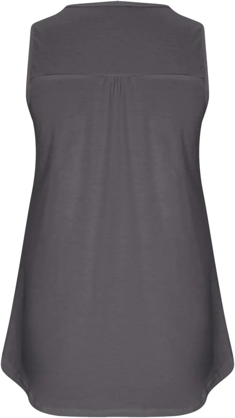 Plus Size Tank Tops for Women, Ladies Summer Sleeveless V-Neck Henley Shirts Buttons Up Pleated Front Flowy Tunics