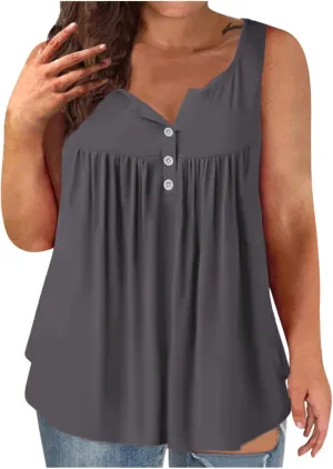 Plus Size Tank Tops for Women, Ladies Summer Sleeveless V-Neck Henley Shirts Buttons Up Pleated Front Flowy Tunics