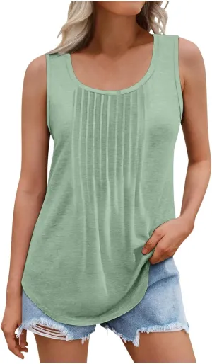 Plus Size Tank Tops for Women Pleated Front Summer Tunics Round Neck Sleeveless Tees Solid Color Casual Blouse