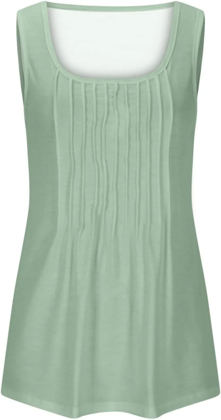 Plus Size Tank Tops for Women Pleated Front Summer Tunics Round Neck Sleeveless Tees Solid Color Casual Blouse