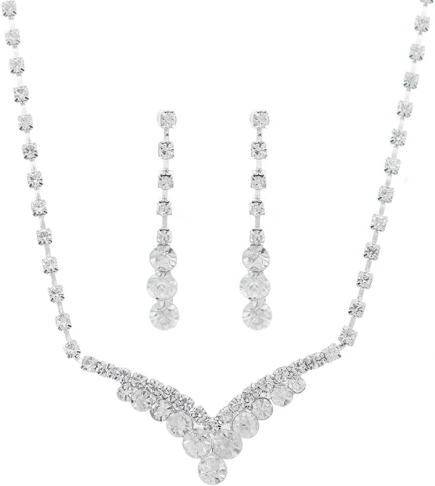 PRINCESS BRIDE Women Jewelry Set Silver Vintage Rhinestone Crystal Bridesmaid Jewelry Set for Wedding Choker Necklace and Earring Set Sparkle Prom Jewelry (A5)