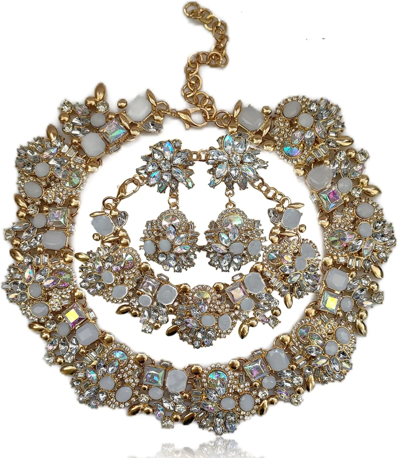 Prom Gold Indian Jewelry Sets for Women - Rhinestone Crystal Bridal Jewelry Kit with Earrings, Necklace & Bracelet, Graduation Gifts, Ethnic Costume Jewelry Set