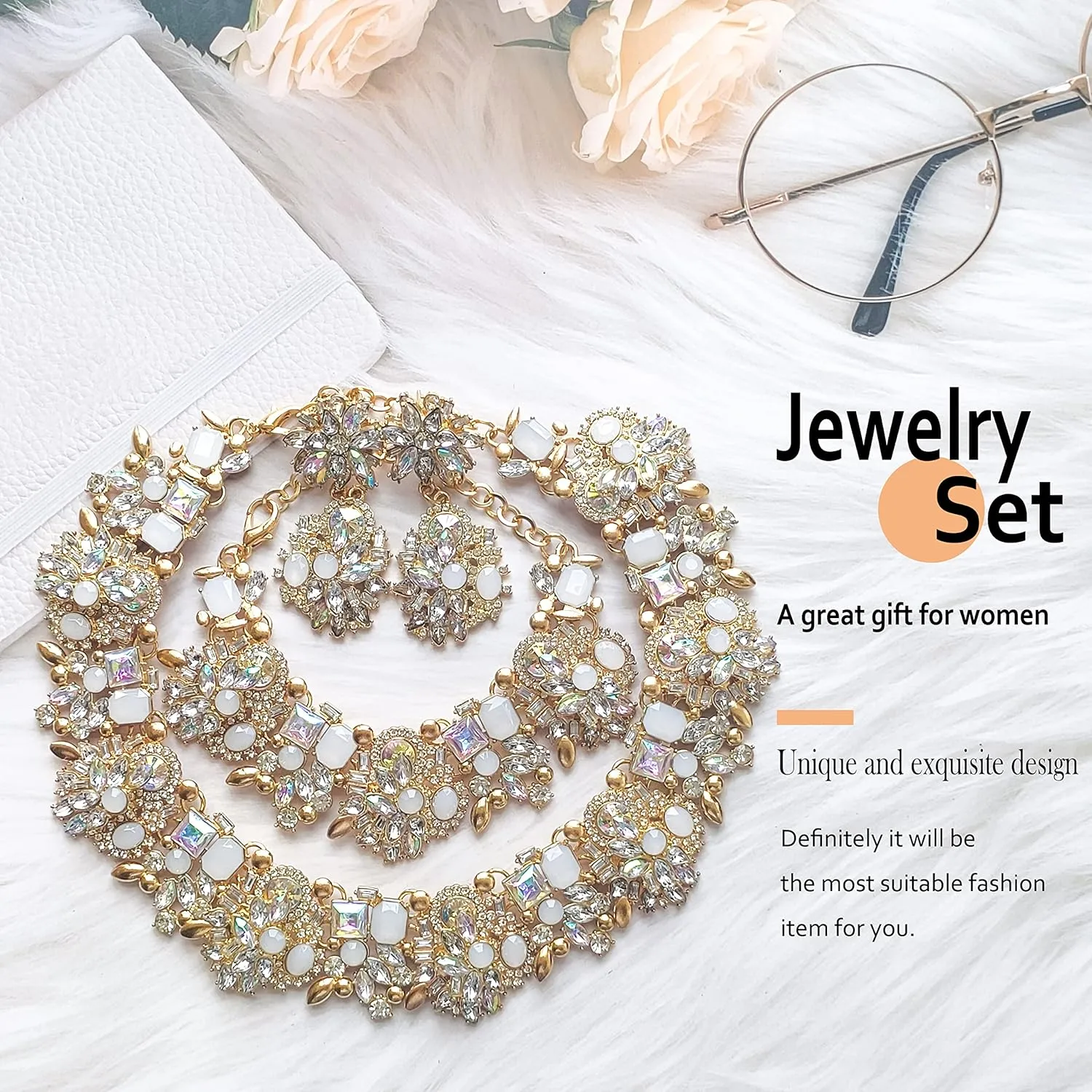 Prom Gold Indian Jewelry Sets for Women - Rhinestone Crystal Bridal Jewelry Kit with Earrings, Necklace & Bracelet, Graduation Gifts, Ethnic Costume Jewelry Set