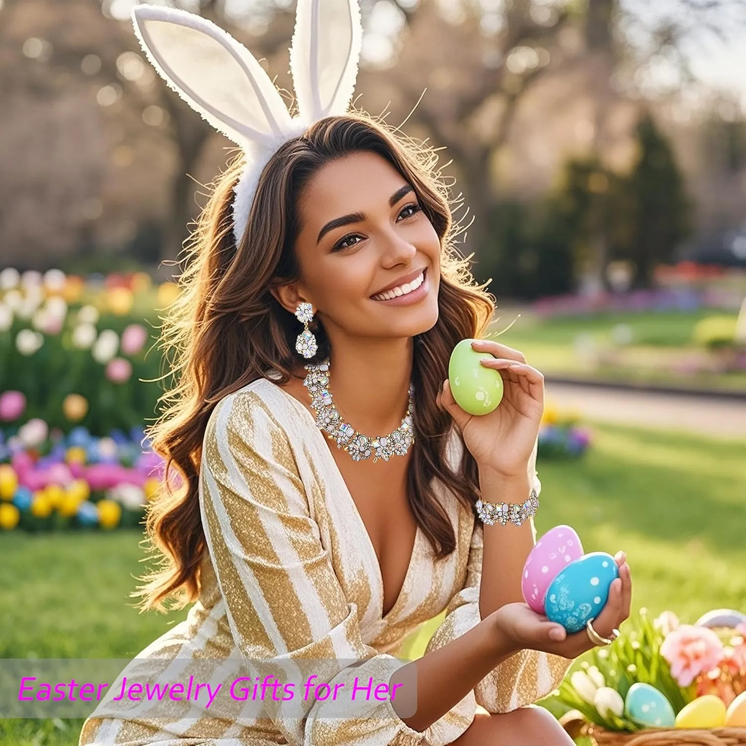 Prom Gold Indian Jewelry Sets for Women - Rhinestone Crystal Bridal Jewelry Kit with Earrings, Necklace & Bracelet, Graduation Gifts, Ethnic Costume Jewelry Set
