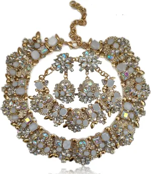 Prom Gold Indian Jewelry Sets for Women - Rhinestone Crystal Bridal Jewelry Kit with Earrings, Necklace & Bracelet, Graduation Gifts, Ethnic Costume Jewelry Set
