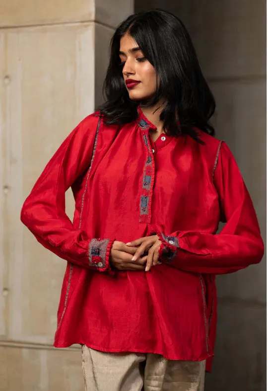 Red Patchwork Silk Shirt