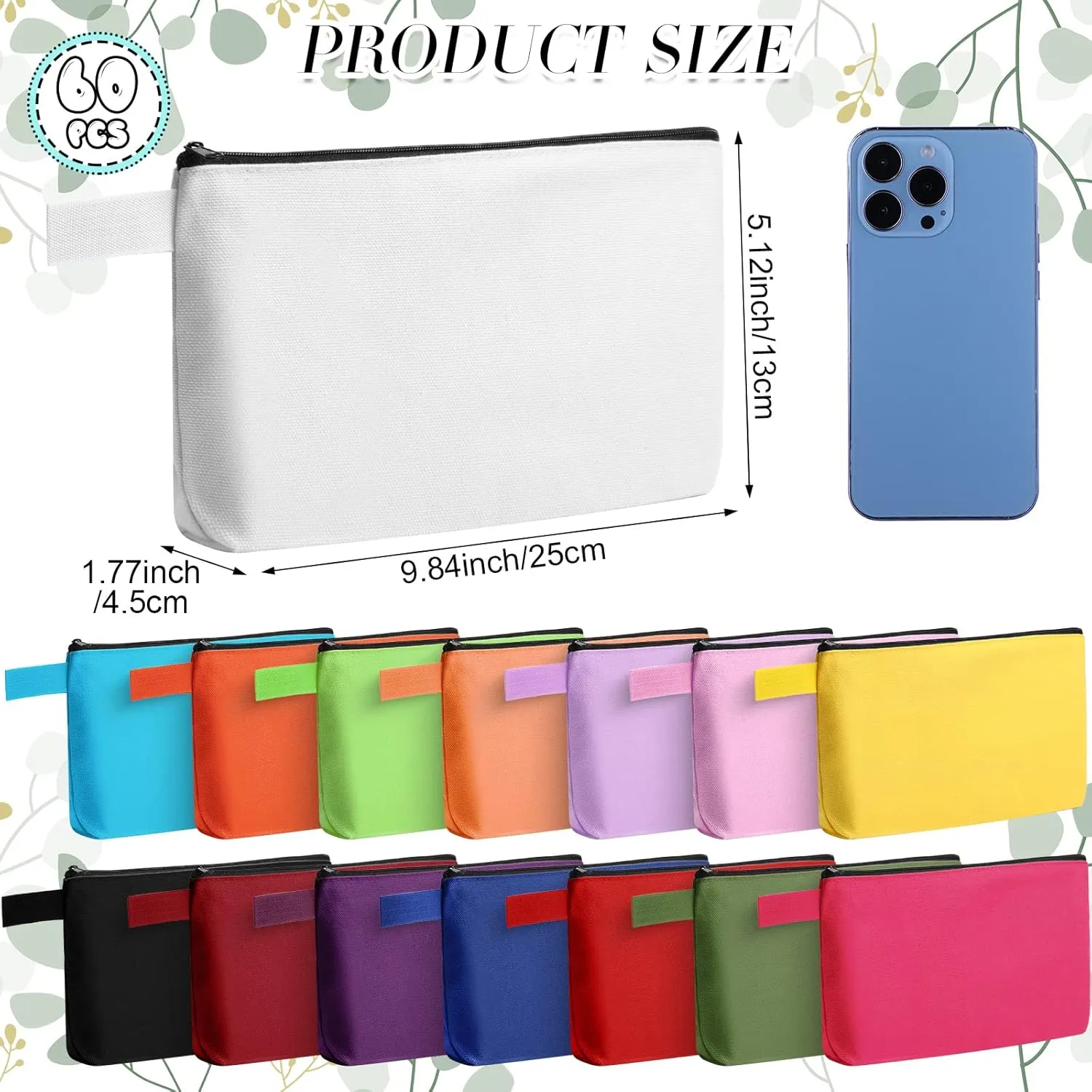 Reginary End of School Years Gift 60 Pieces Canvas Makeup Bags Bulk Cute Travel Cosmetic Pouch Multipurpose Blank Small Toiletry Bag DIY with Zipper for Travel Women Teens, 15 Colors(9.8 x 5 x 2 Inch)