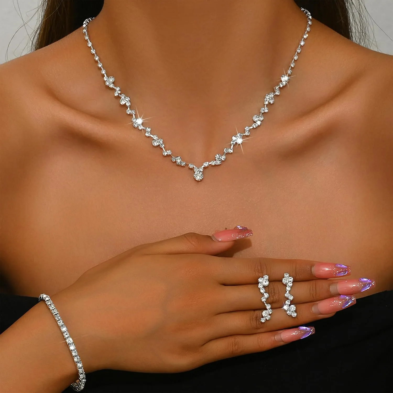 Roe Dolph Silver Jewelry Set Prom Necklace Bracelet Earrings Rhinestone Costume Jewelry for Women Bridal Jewelry Set for Wedding Prom Dresses 2025
