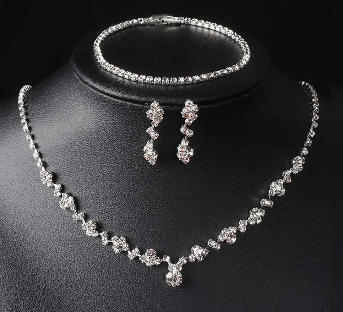 Roe Dolph Silver Jewelry Set Prom Necklace Bracelet Earrings Rhinestone Costume Jewelry for Women Bridal Jewelry Set for Wedding Prom Dresses 2025