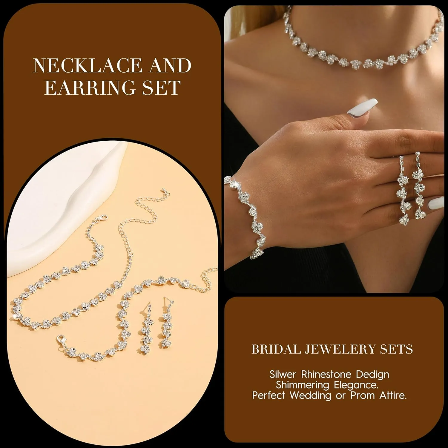 Roe Dolph Silver Jewelry Set Prom Necklace Bracelet Earrings Rhinestone Costume Jewelry for Women Bridal Jewelry Set for Wedding Prom Dresses 2025