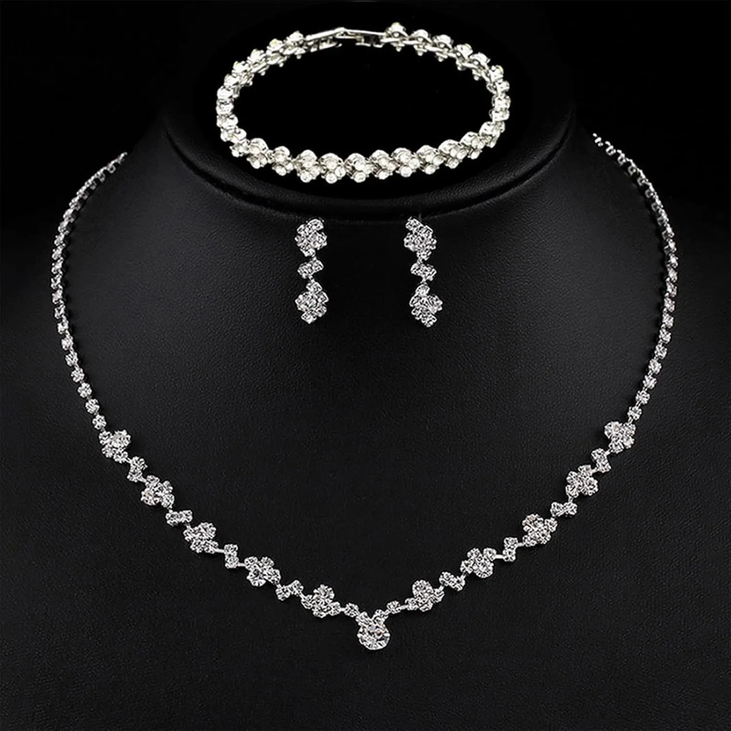 Roe Dolph Silver Jewelry Set Prom Necklace Bracelet Earrings Rhinestone Costume Jewelry for Women Bridal Jewelry Set for Wedding Prom Dresses 2025