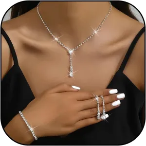 Roe Dolph Silver Jewelry Set Prom Necklace Bracelet Earrings Rhinestone Costume Jewelry for Women Bridal Jewelry Set for Wedding Prom Dresses 2025