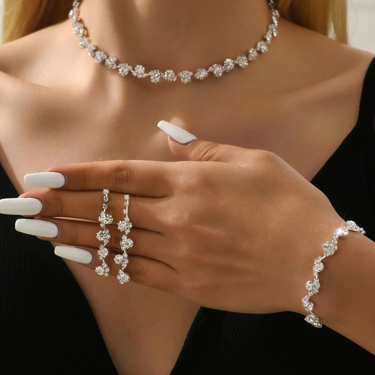 Roe Dolph Silver Jewelry Set Prom Necklace Bracelet Earrings Rhinestone Costume Jewelry for Women Bridal Jewelry Set for Wedding Prom Dresses 2025