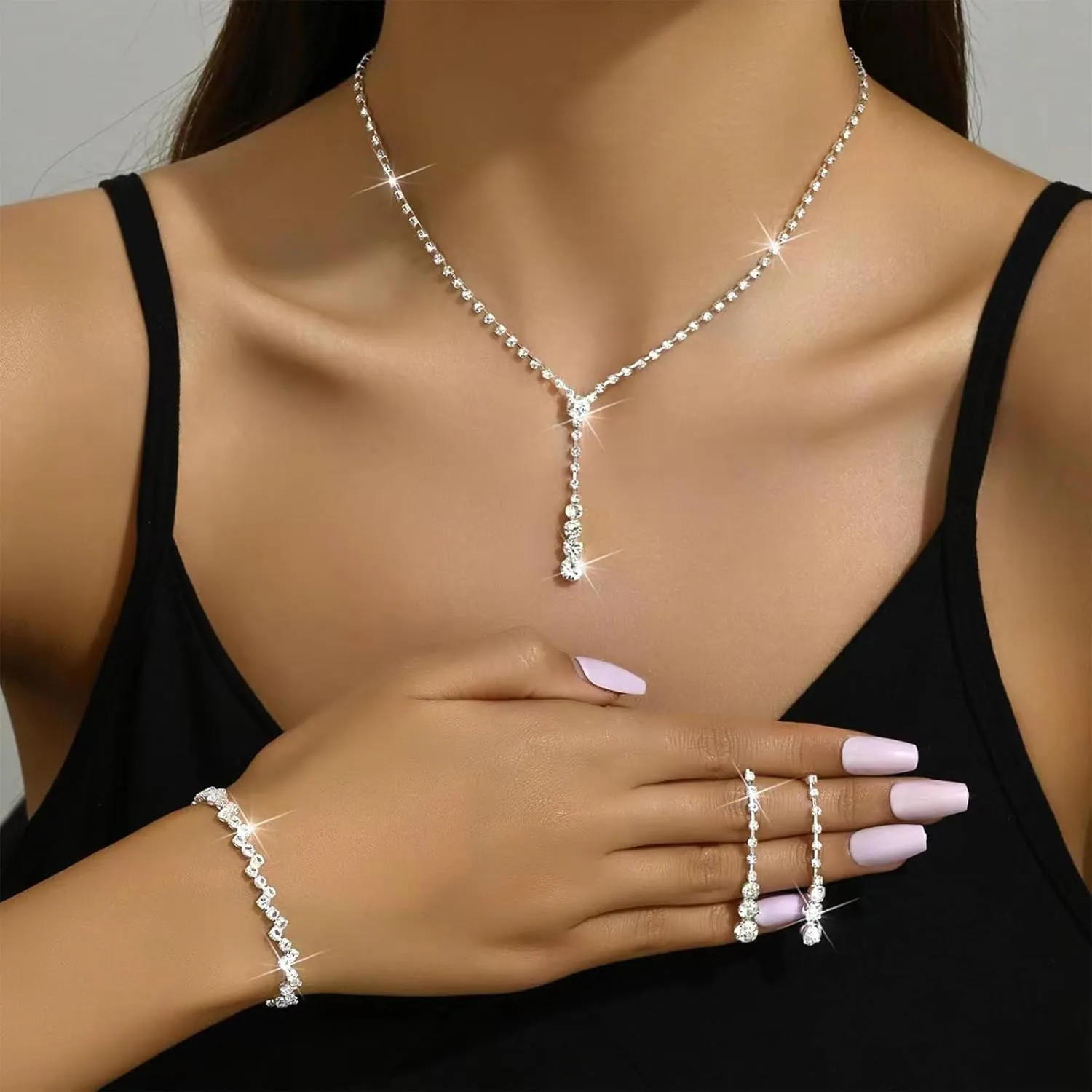Roe Dolph Silver Jewelry Set Prom Necklace Bracelet Earrings Rhinestone Costume Jewelry for Women Bridal Jewelry Set for Wedding Prom Dresses 2025
