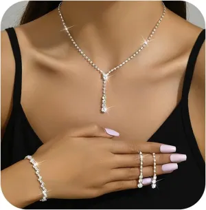 Roe Dolph Silver Jewelry Set Prom Necklace Bracelet Earrings Rhinestone Costume Jewelry for Women Bridal Jewelry Set for Wedding Prom Dresses 2025