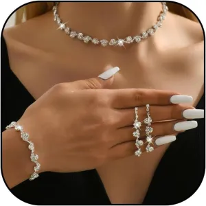 Roe Dolph Silver Jewelry Set Prom Necklace Bracelet Earrings Rhinestone Costume Jewelry for Women Bridal Jewelry Set for Wedding Prom Dresses 2025