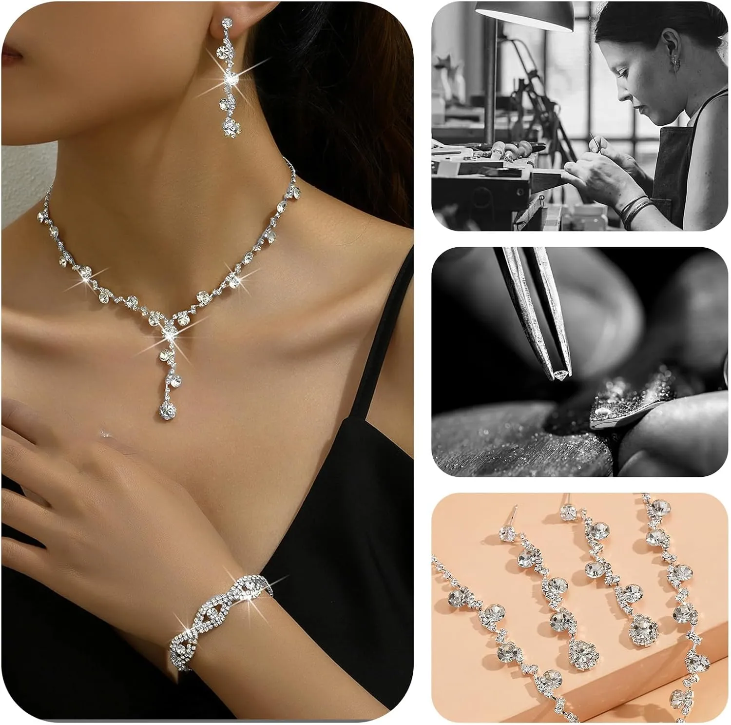 Roe Dolph Silver Jewelry Set Prom Necklace Bracelet Earrings Rhinestone Costume Jewelry for Women Bridal Jewelry Set for Wedding Prom Dresses 2025