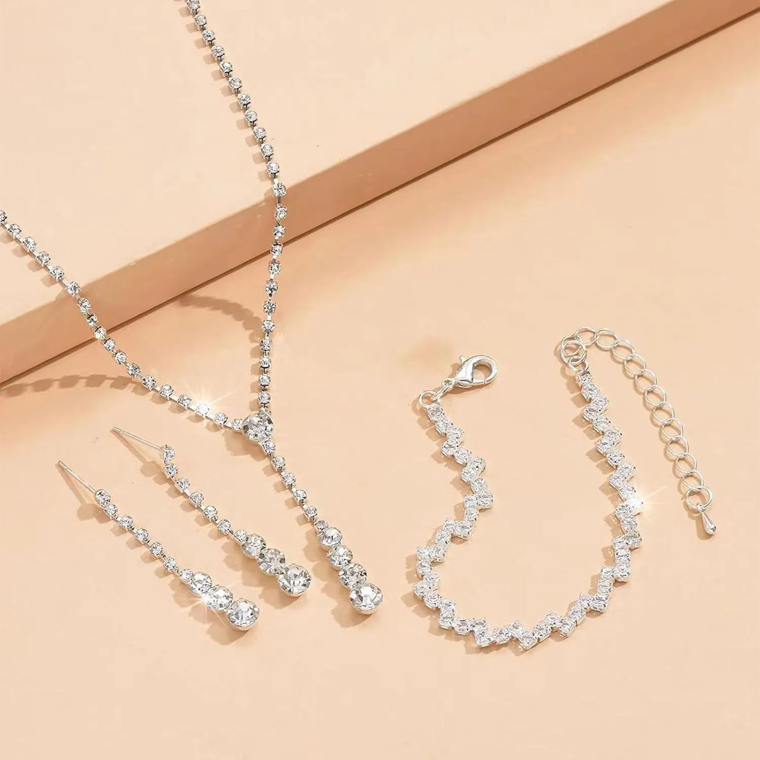 Roe Dolph Silver Jewelry Set Prom Necklace Bracelet Earrings Rhinestone Costume Jewelry for Women Bridal Jewelry Set for Wedding Prom Dresses 2025