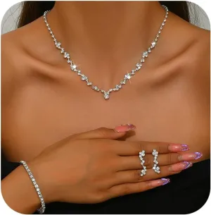 Roe Dolph Silver Jewelry Set Prom Necklace Bracelet Earrings Rhinestone Costume Jewelry for Women Bridal Jewelry Set for Wedding Prom Dresses 2025