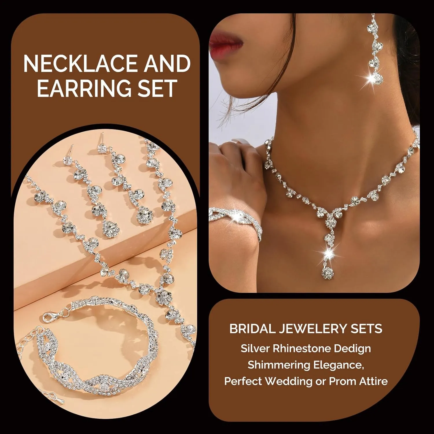 Roe Dolph Silver Jewelry Set Prom Necklace Bracelet Earrings Rhinestone Costume Jewelry for Women Bridal Jewelry Set for Wedding Prom Dresses 2025