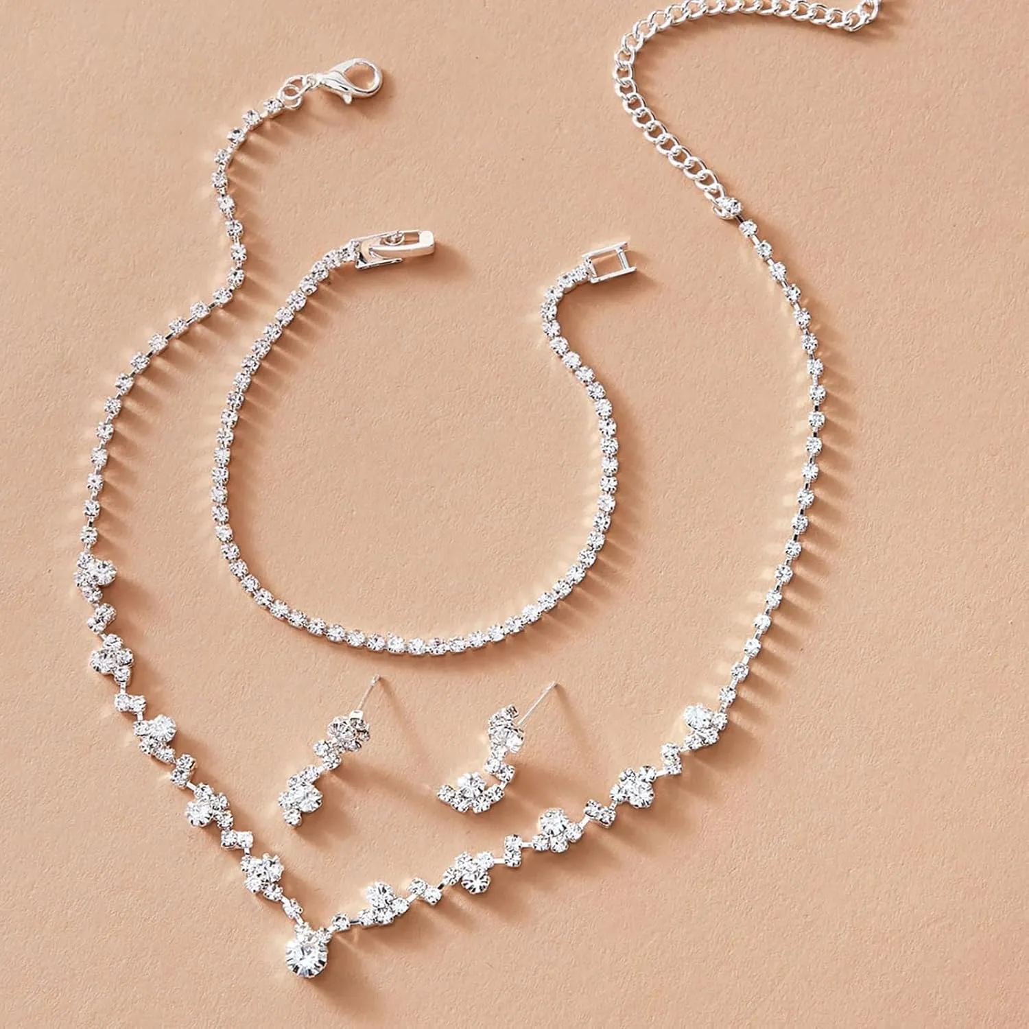 Roe Dolph Silver Jewelry Set Prom Necklace Bracelet Earrings Rhinestone Costume Jewelry for Women Bridal Jewelry Set for Wedding Prom Dresses 2025