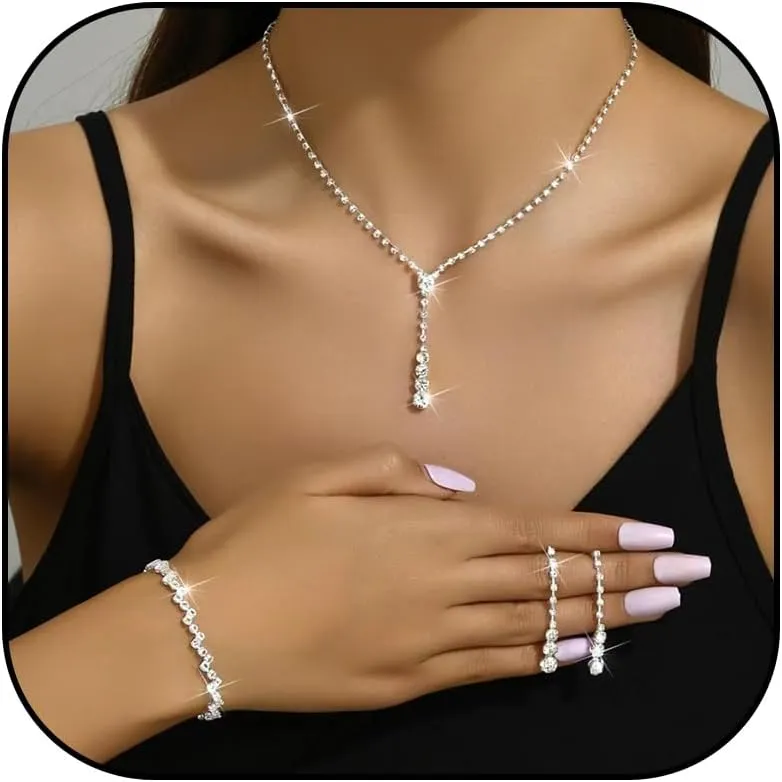 Roe Dolph Silver Jewelry Set Prom Necklace Bracelet Earrings Rhinestone Costume Jewelry for Women Bridal Jewelry Set for Wedding Prom Dresses 2025