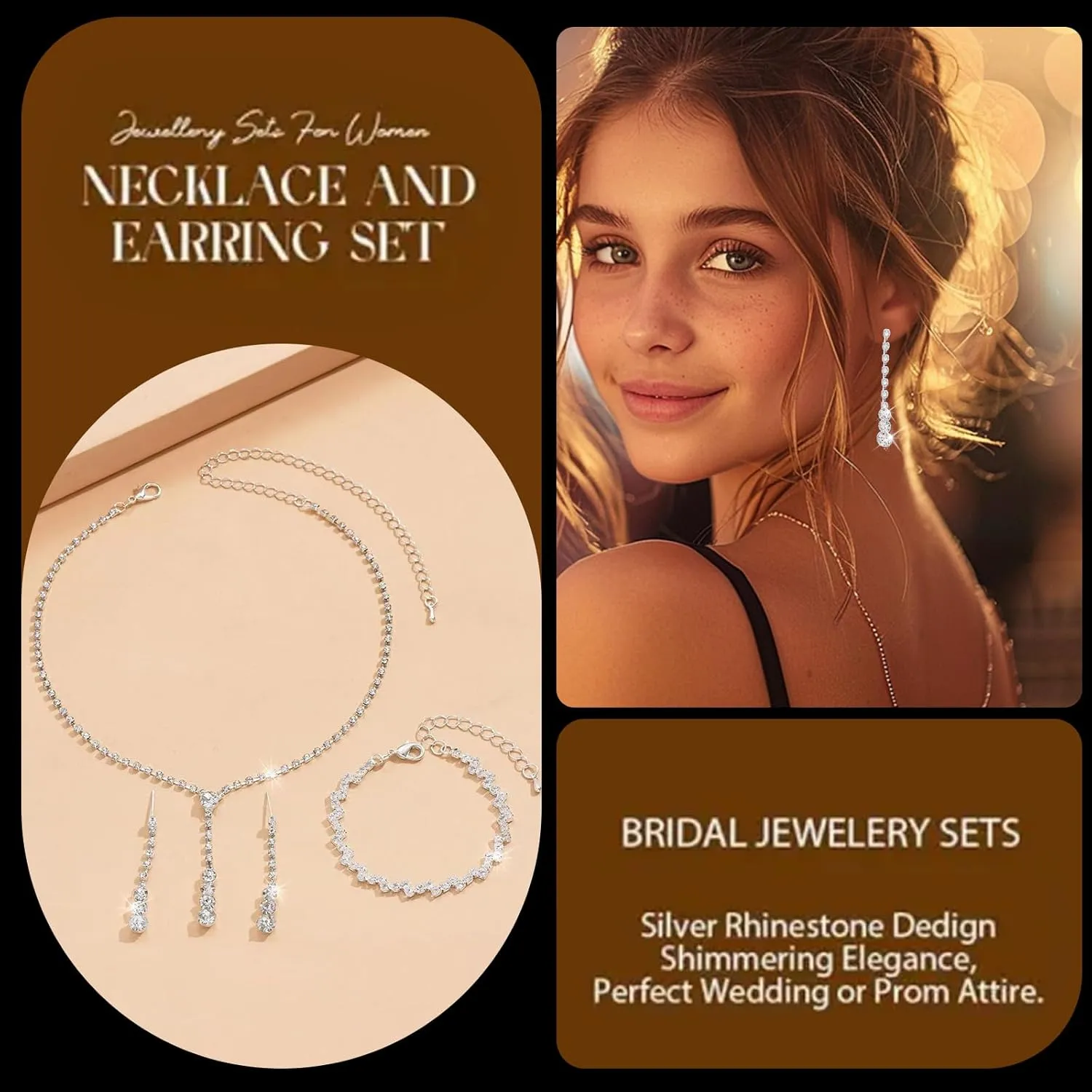 Roe Dolph Silver Jewelry Set Prom Necklace Bracelet Earrings Rhinestone Costume Jewelry for Women Bridal Jewelry Set for Wedding Prom Dresses 2025