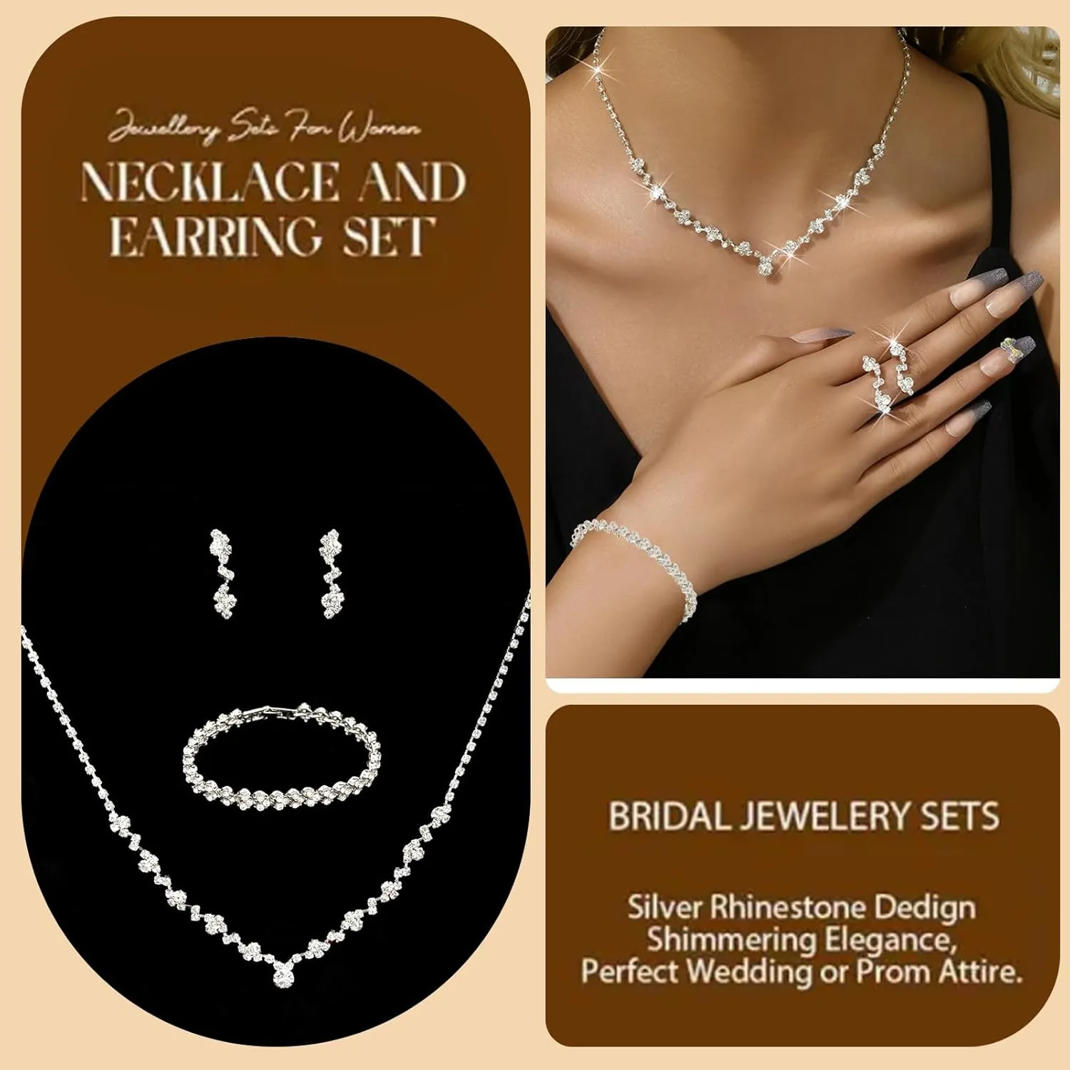 Roe Dolph Silver Jewelry Set Prom Necklace Bracelet Earrings Rhinestone Costume Jewelry for Women Bridal Jewelry Set for Wedding Prom Dresses 2025