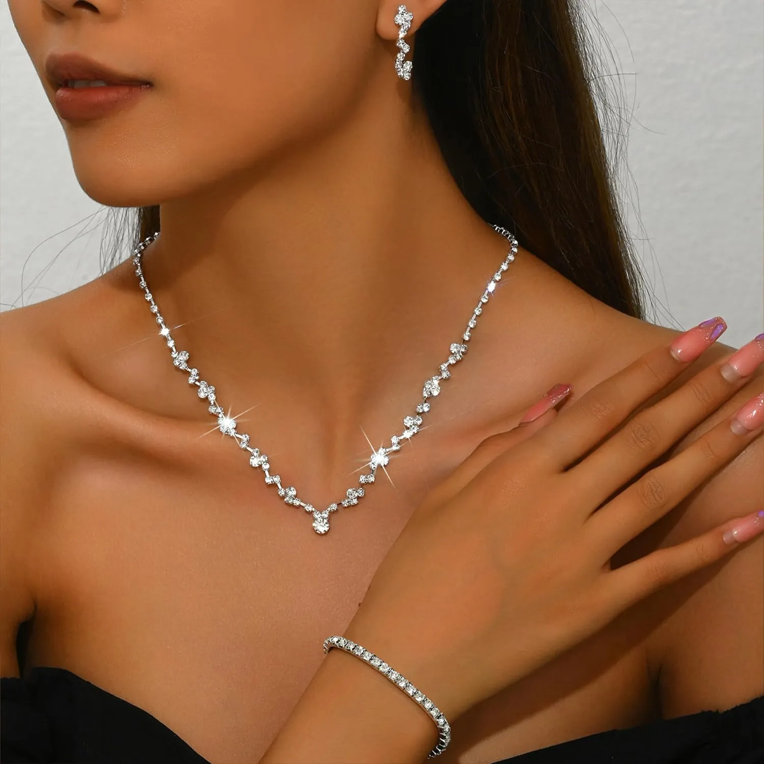 Roe Dolph Silver Jewelry Set Prom Necklace Bracelet Earrings Rhinestone Costume Jewelry for Women Bridal Jewelry Set for Wedding Prom Dresses 2025