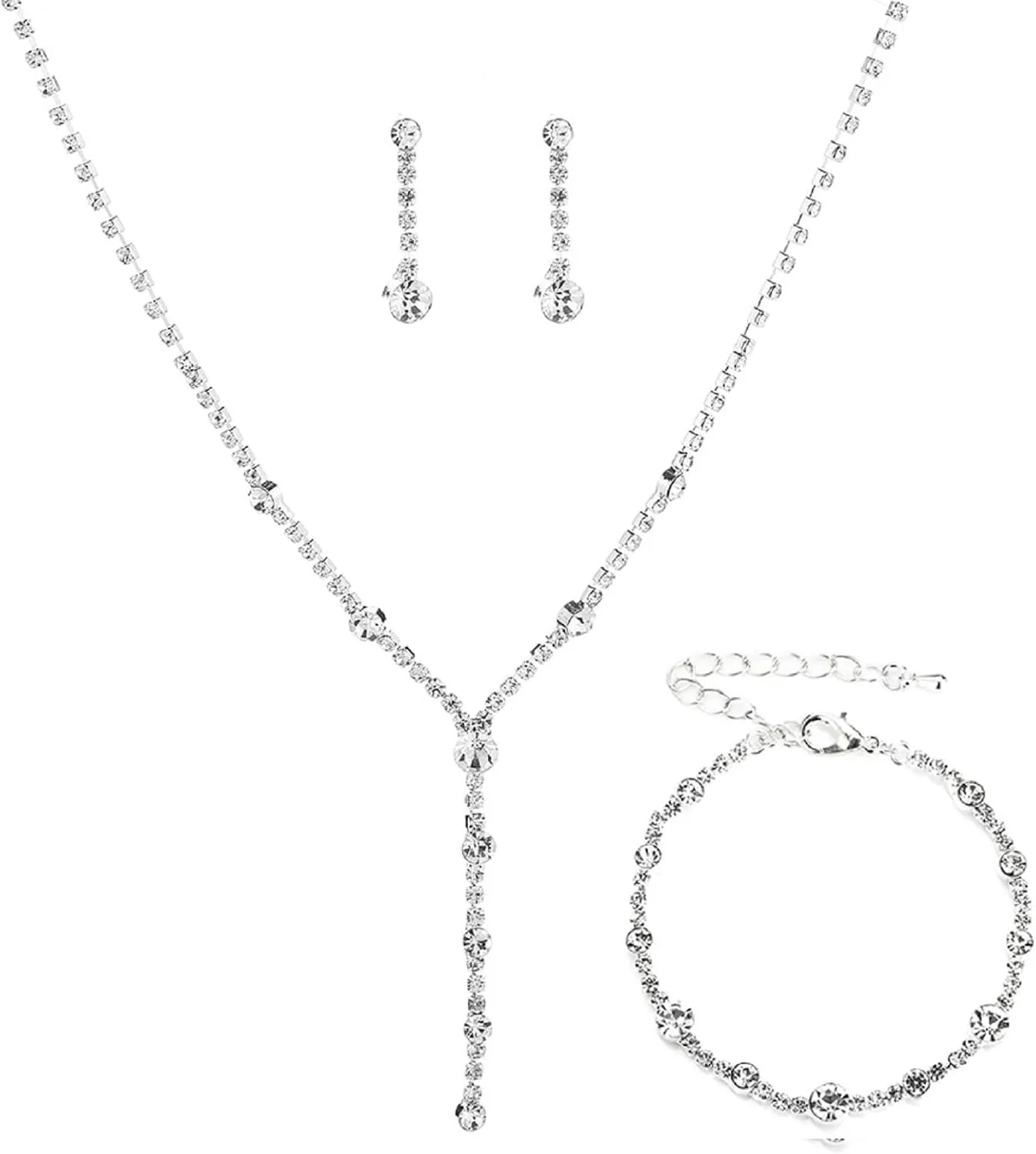 Roe Dolph Silver Jewelry Set Prom Necklace Bracelet Earrings Rhinestone Costume Jewelry for Women Bridal Jewelry Set for Wedding Prom Dresses 2025