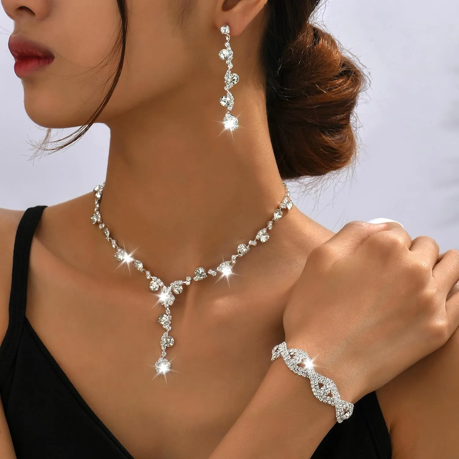 Roe Dolph Silver Jewelry Set Prom Necklace Bracelet Earrings Rhinestone Costume Jewelry for Women Bridal Jewelry Set for Wedding Prom Dresses 2025