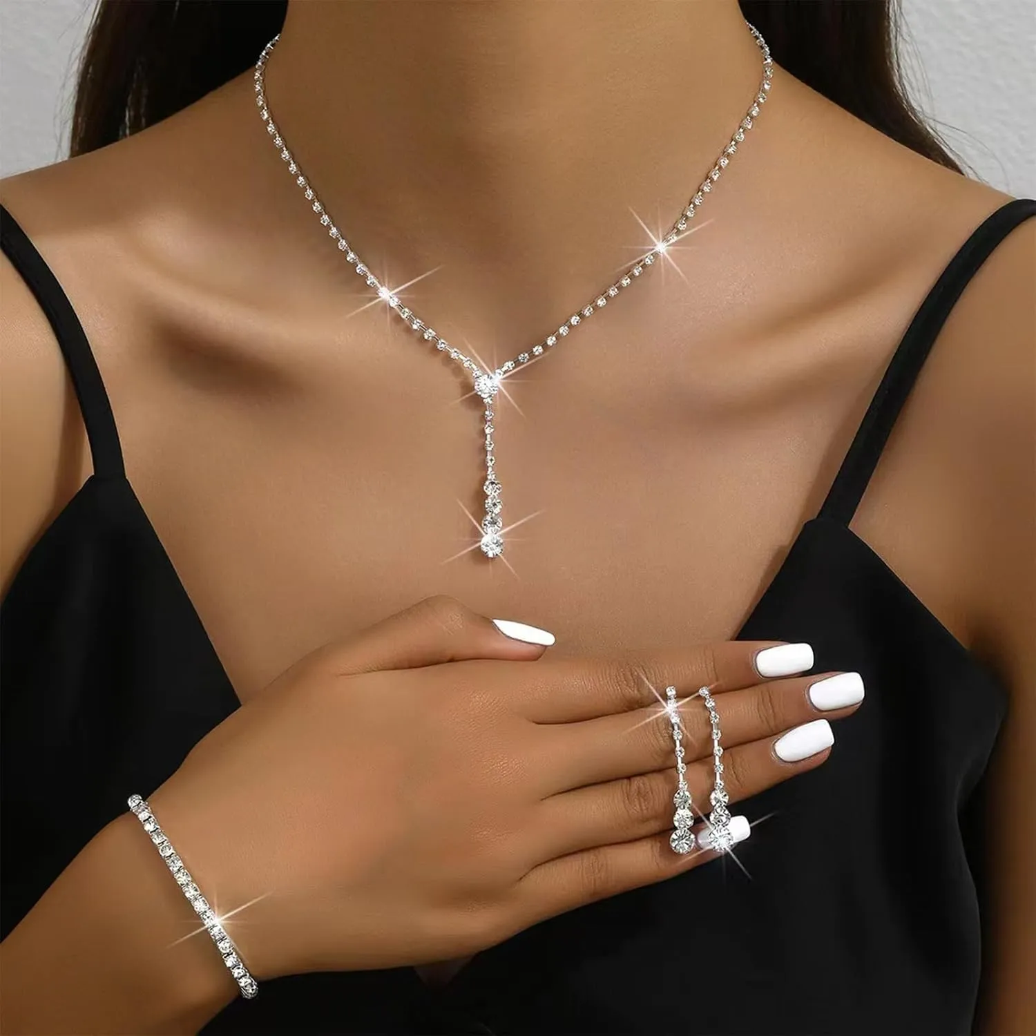 Roe Dolph Silver Jewelry Set Prom Necklace Bracelet Earrings Rhinestone Costume Jewelry for Women Bridal Jewelry Set for Wedding Prom Dresses 2025