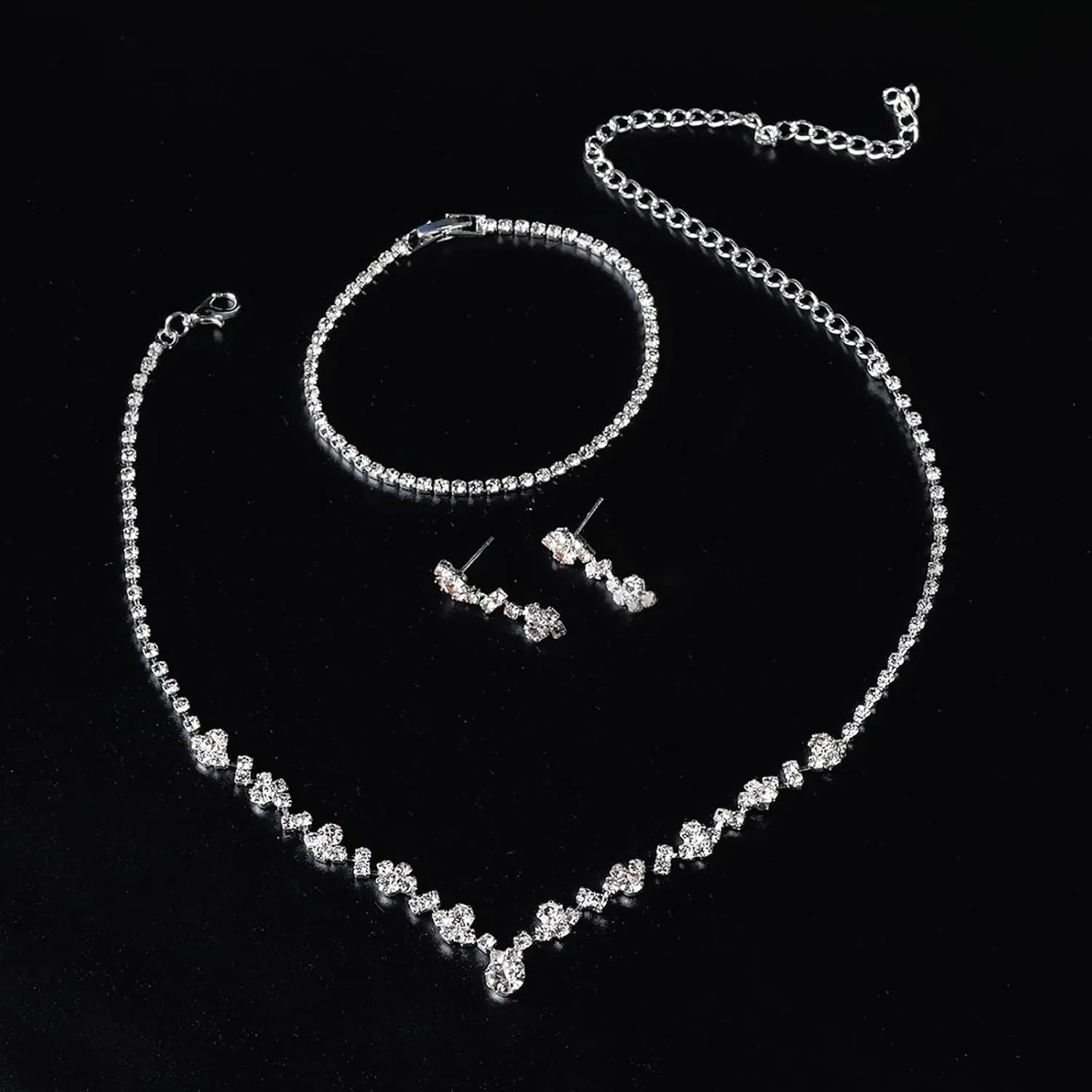 Roe Dolph Silver Jewelry Set Prom Necklace Bracelet Earrings Rhinestone Costume Jewelry for Women Bridal Jewelry Set for Wedding Prom Dresses 2025