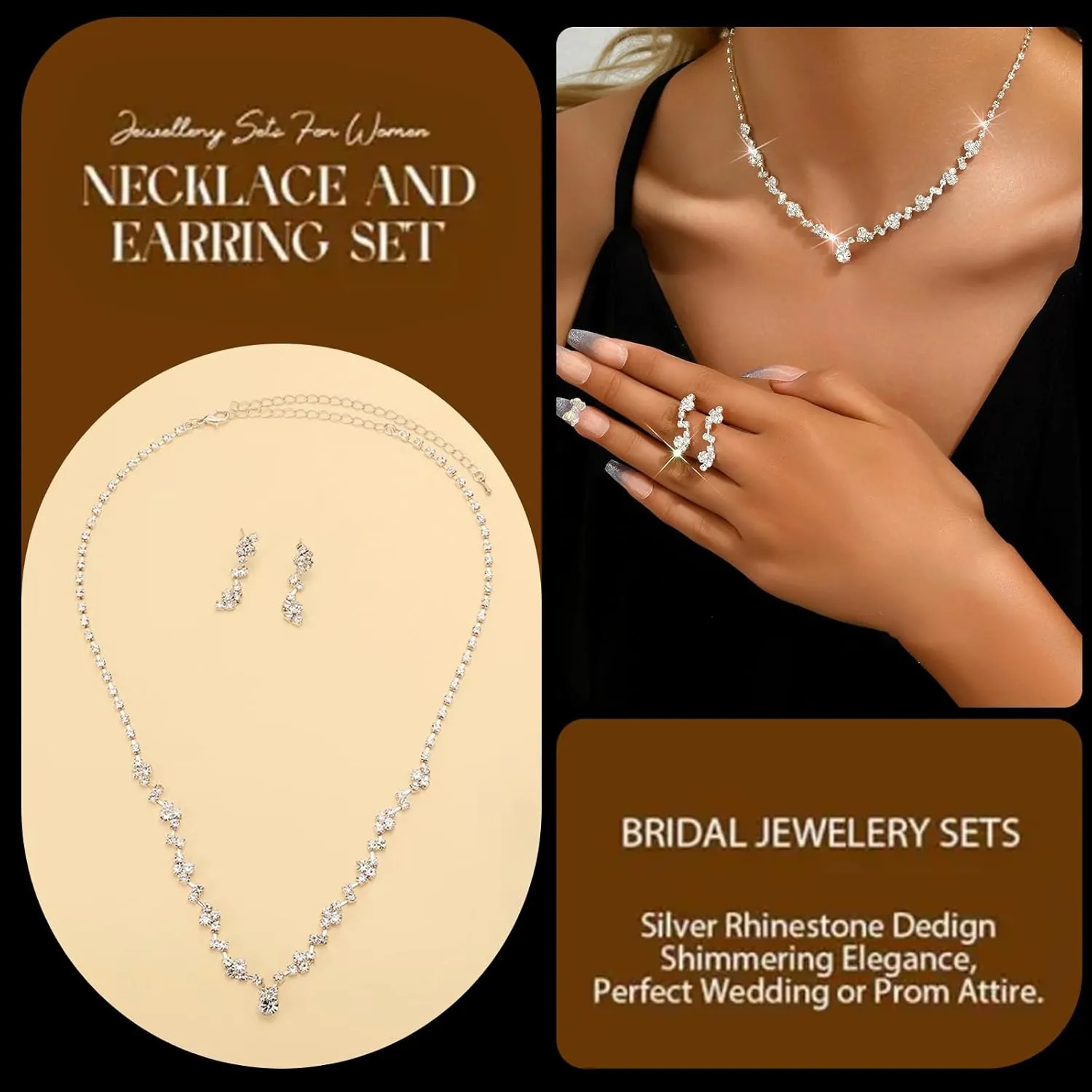 Roe Dolph Silver Jewelry Set Prom Necklace Bracelet Earrings Rhinestone Costume Jewelry for Women Bridal Jewelry Set for Wedding Prom Dresses 2025
