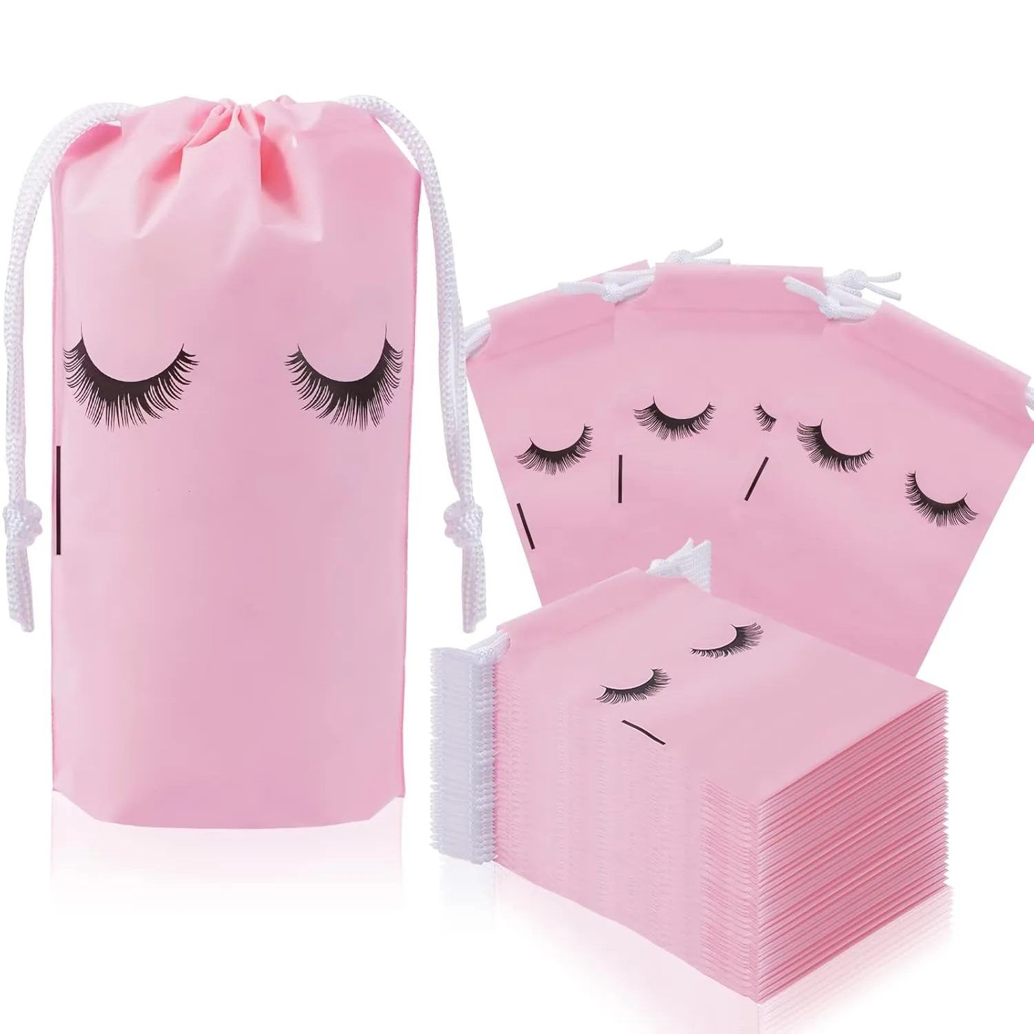 Rohuis 50pcs Eyelash Aftercare Lash Bags for Clients - Drawstring Makeup Cosmetic Shampoo Sample Pouches for Women and Girls- Small Business Supplies (Pink,4 x 6 Inches)