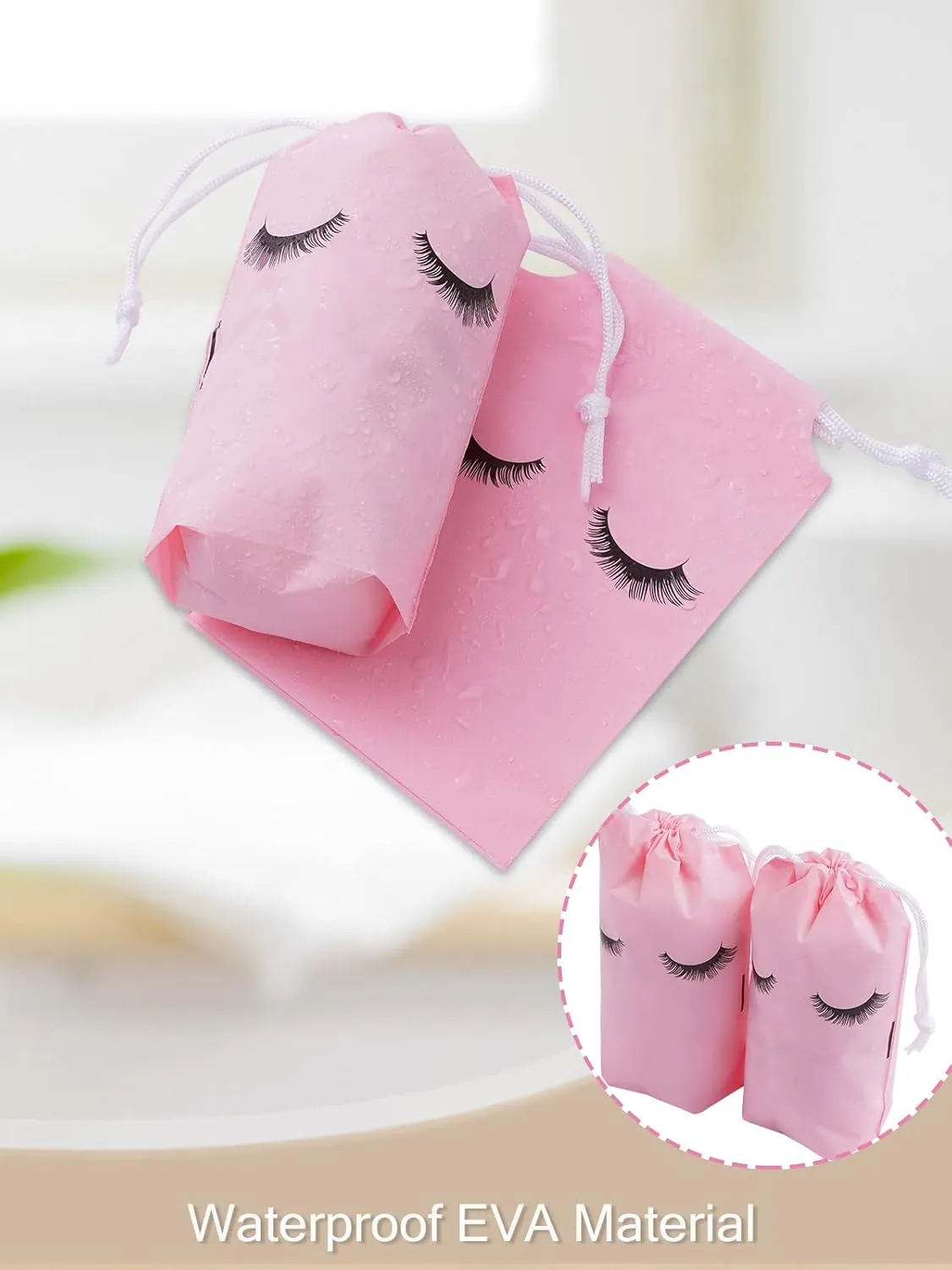 Rohuis 50pcs Eyelash Aftercare Lash Bags for Clients - Drawstring Makeup Cosmetic Shampoo Sample Pouches for Women and Girls- Small Business Supplies (Pink,4 x 6 Inches)