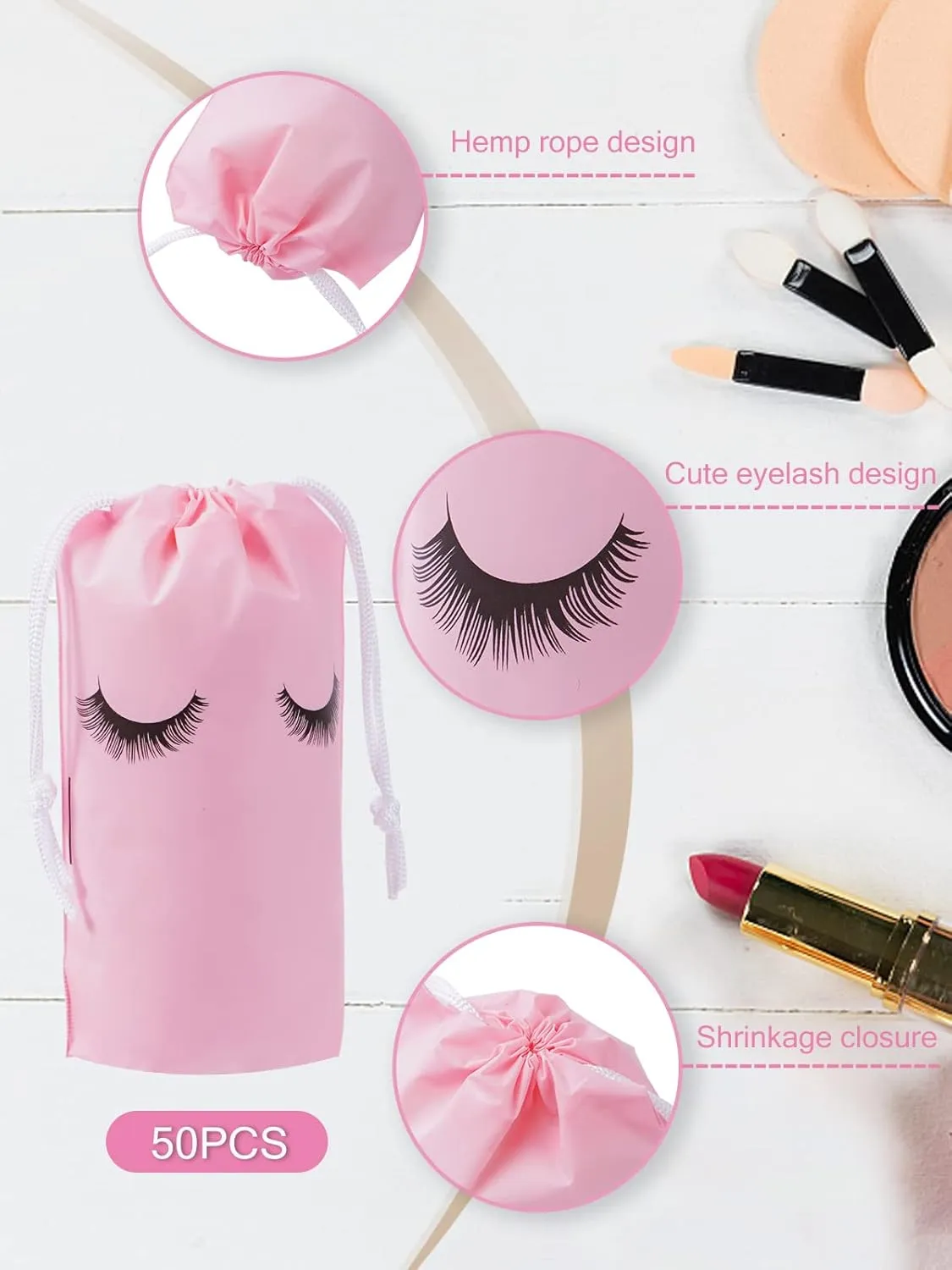 Rohuis 50pcs Eyelash Aftercare Lash Bags for Clients - Drawstring Makeup Cosmetic Shampoo Sample Pouches for Women and Girls- Small Business Supplies (Pink,4 x 6 Inches)