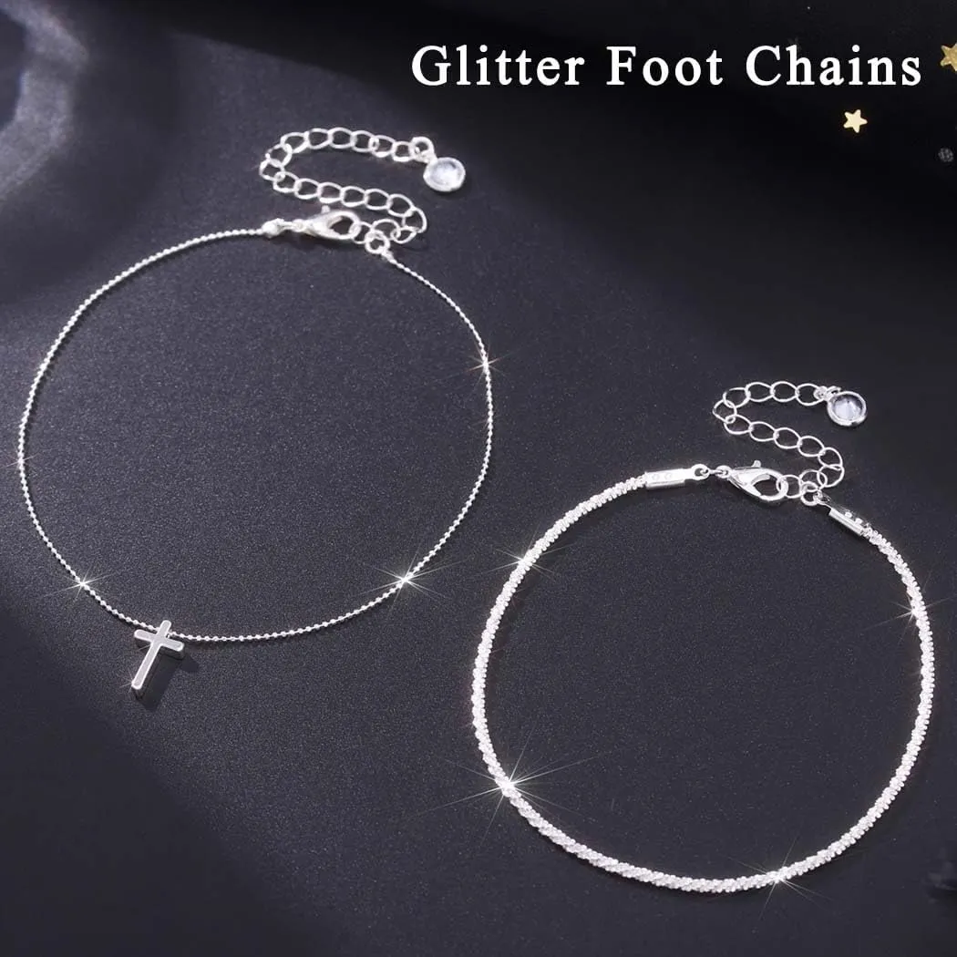 S925 Sterling Silver Anklets Dainty 14K Gold Plated Waterproof Ankle Bracelets Rhinestone Cross Layered Anklet Chain Glitter Fashion Foot Jewelry for Women