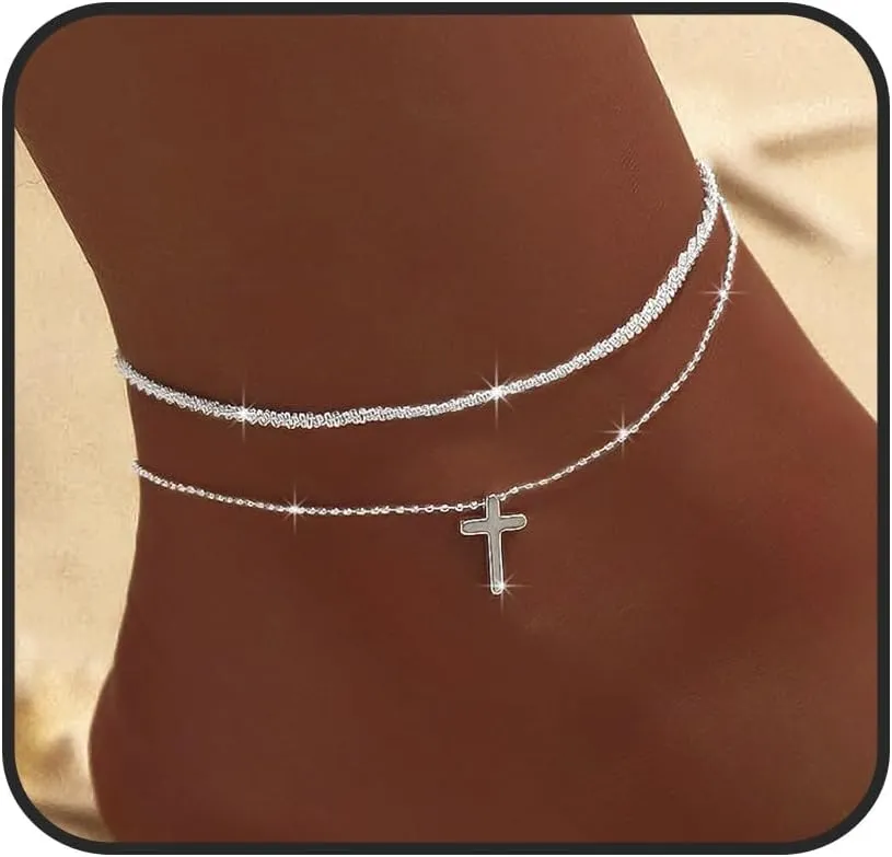 S925 Sterling Silver Anklets Dainty 14K Gold Plated Waterproof Ankle Bracelets Rhinestone Cross Layered Anklet Chain Glitter Fashion Foot Jewelry for Women