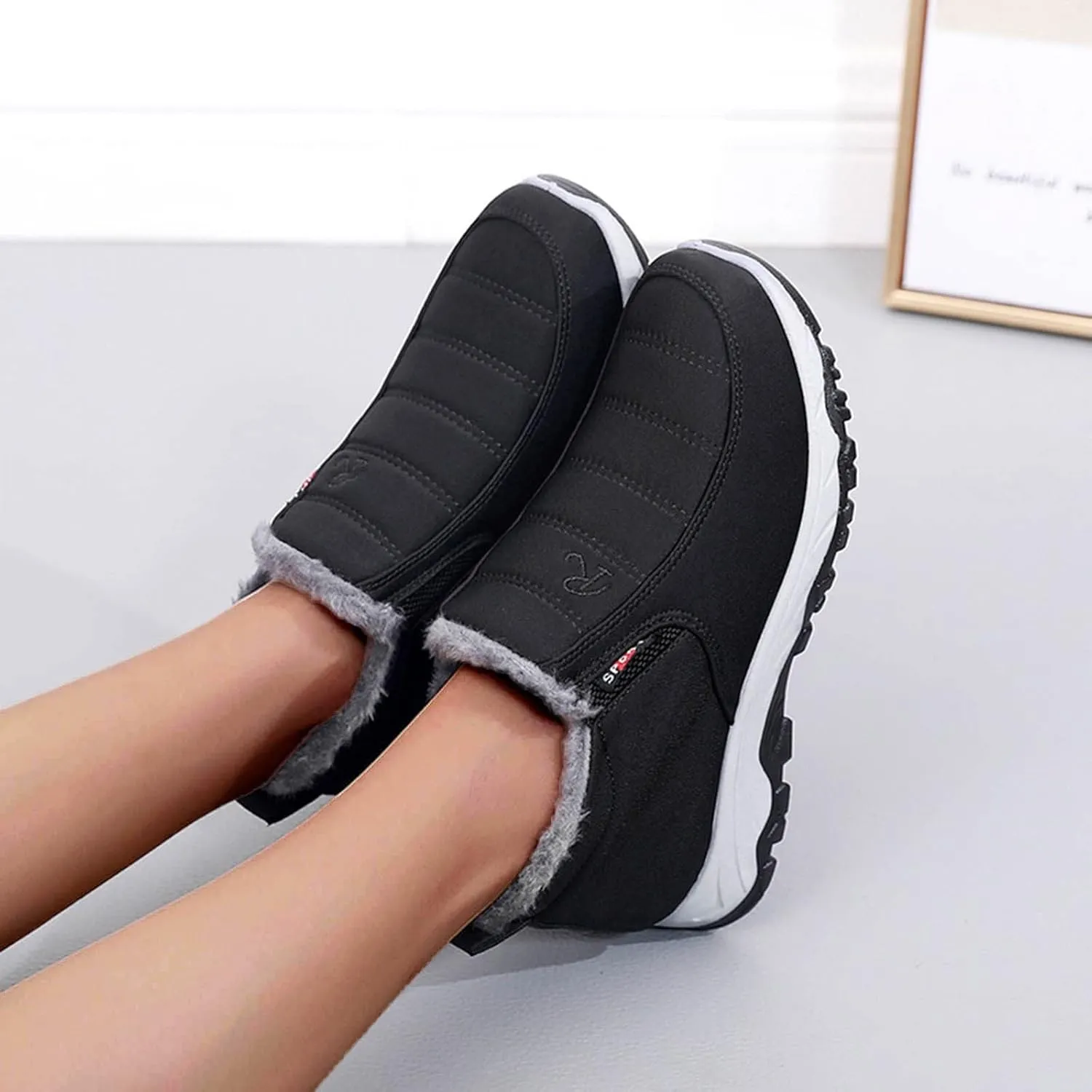 SBGMoSJ Slip on Winter Boots for Women Black Womens Winter Boots Waterproof Insulated Fur Boots for Women Winter Outdoor Work Boots for Women Waterproof Botas De Invierno Impermeables Para Mujer