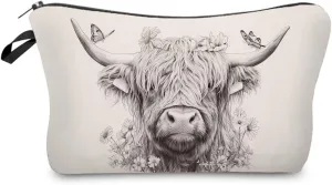 Scotland Highland Cattle Makeup Bag Small Organizer Bag Toiletry Zipper Pouch Sketch Highland Cattle Cosmetic Bag Present for Highland Cattle Lovers Women