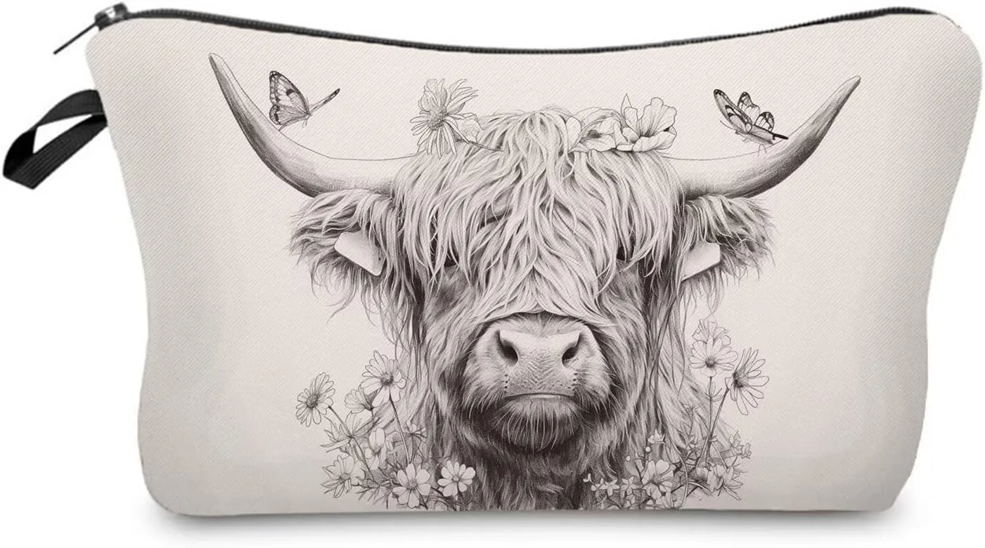 Scotland Highland Cattle Makeup Bag Small Organizer Bag Toiletry Zipper Pouch Sketch Highland Cattle Cosmetic Bag Present for Highland Cattle Lovers Women