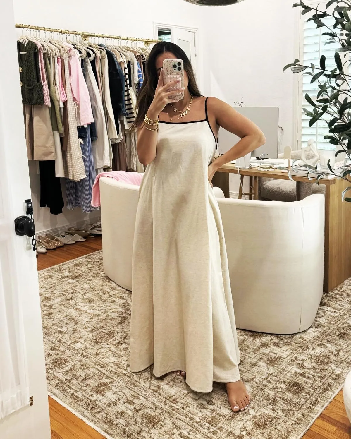 Senllen Women's Linen Dress Summer Loose Flowy Sundress Contrast Spaghetti Strap Sleeveless Backless Beach Maxi Long Dresses