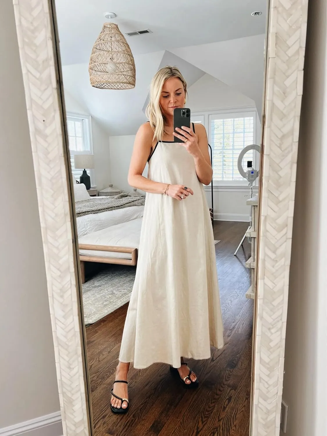 Senllen Women's Linen Dress Summer Loose Flowy Sundress Contrast Spaghetti Strap Sleeveless Backless Beach Maxi Long Dresses