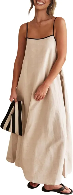 Senllen Women's Linen Dress Summer Loose Flowy Sundress Contrast Spaghetti Strap Sleeveless Backless Beach Maxi Long Dresses