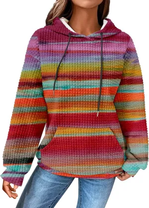 SHAOBGE Hoodies For Women Casual Pullover Waffle Long Sleeve Drawstring Hooded Sweatshirt with Pocket