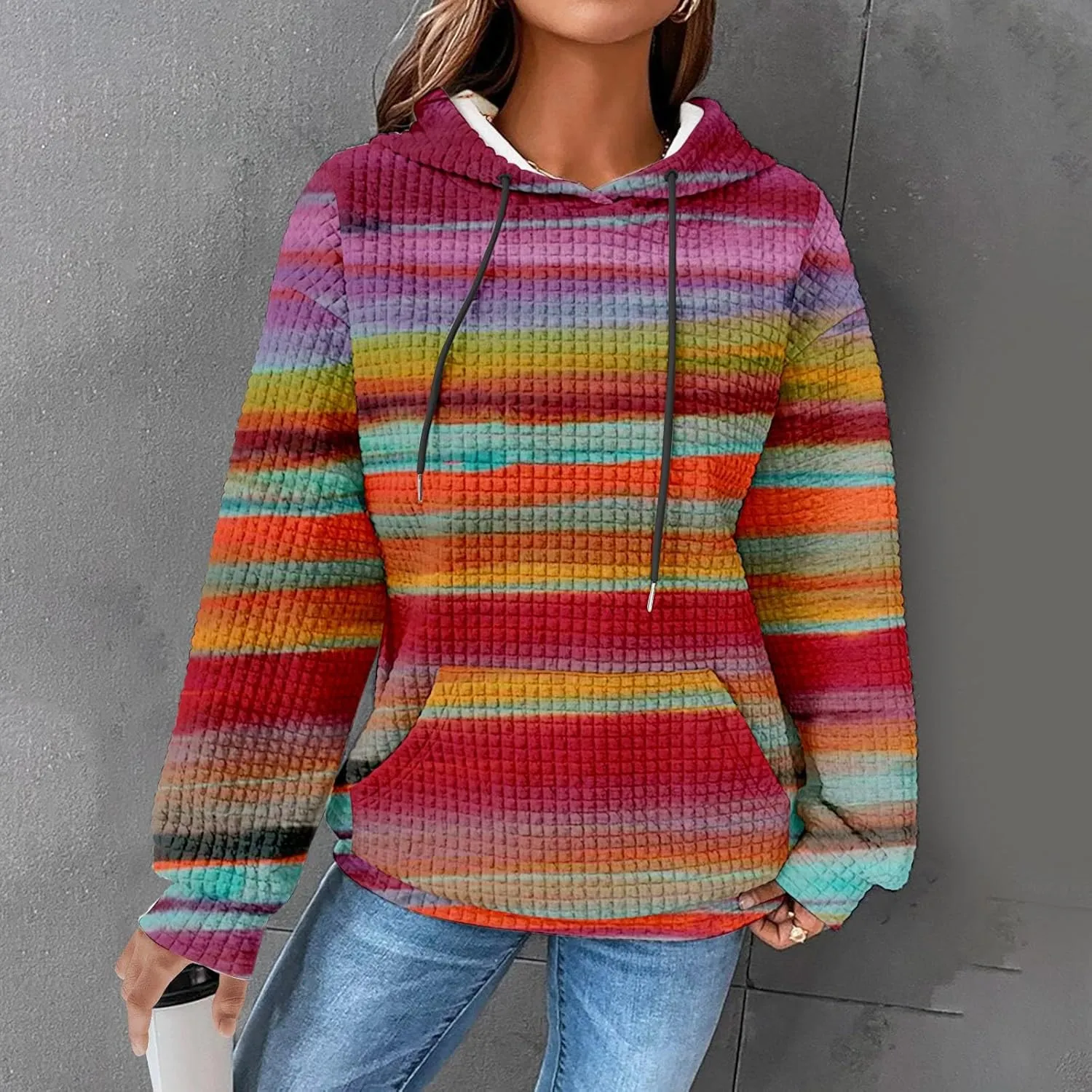 SHAOBGE Hoodies For Women Casual Pullover Waffle Long Sleeve Drawstring Hooded Sweatshirt with Pocket