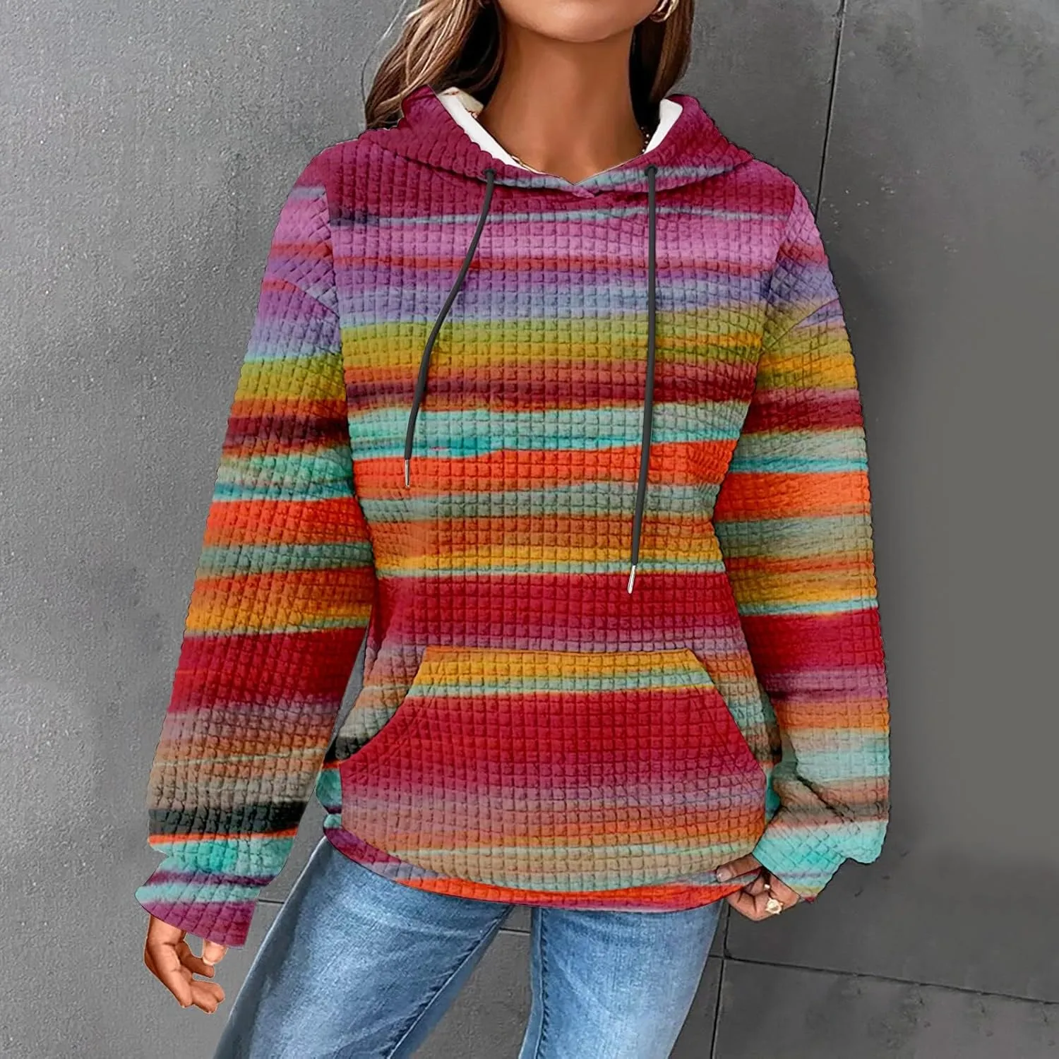 SHAOBGE Hoodies For Women Casual Pullover Waffle Long Sleeve Drawstring Hooded Sweatshirt with Pocket